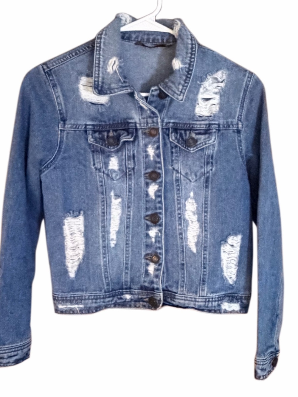 Bluedit Distressed Denim Jacket Women’s S Blue Button Front Trucker Jean Jacket